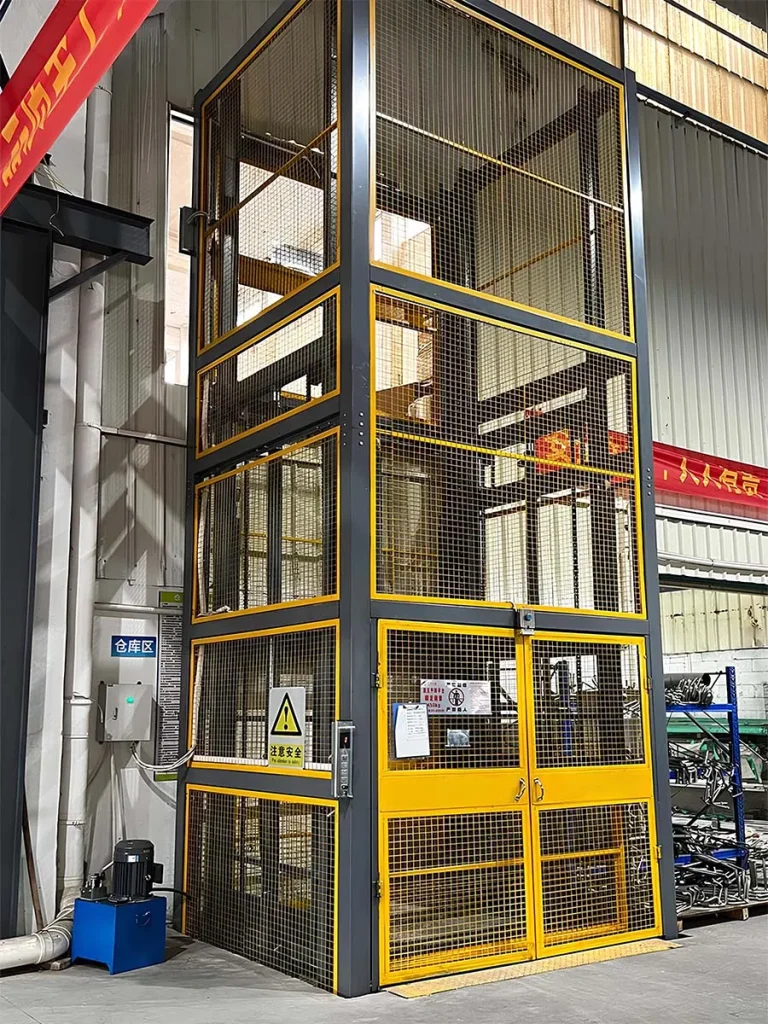 Bolt-assembled cargo lift for efficient vertical material handling in warehouses and factories.