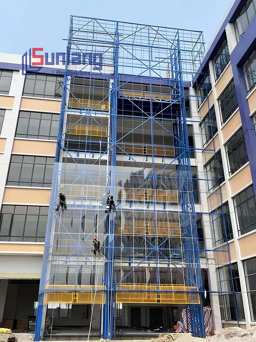 Installation process of a large outdoor cargo lift at industrial site