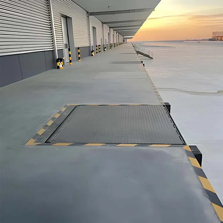 Loading dock leveler installed at logistics center for efficient truck loading and unloading