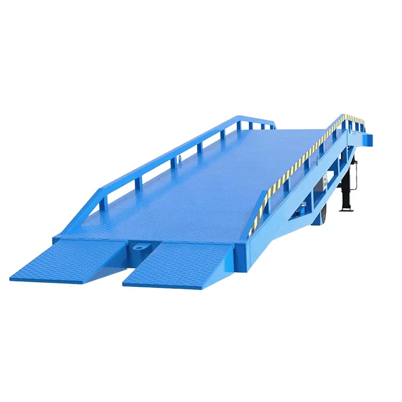 Hydraulic loading dock ramp used for forklift operations at warehouse loading areas.